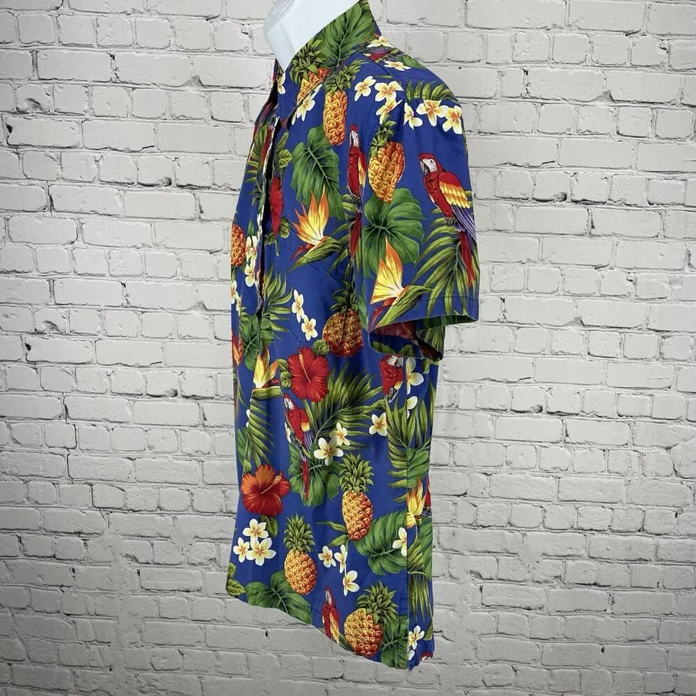 VTG Go Barefoot Blue Hawaiian Tropical Short Sleeve Button Up Shirt USA Large L